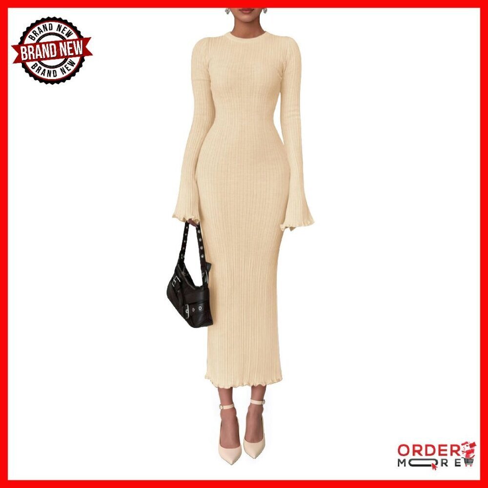 Ribbed Knit Bodycon Maxi Dress Bell Sleeve Crew Neck Winter